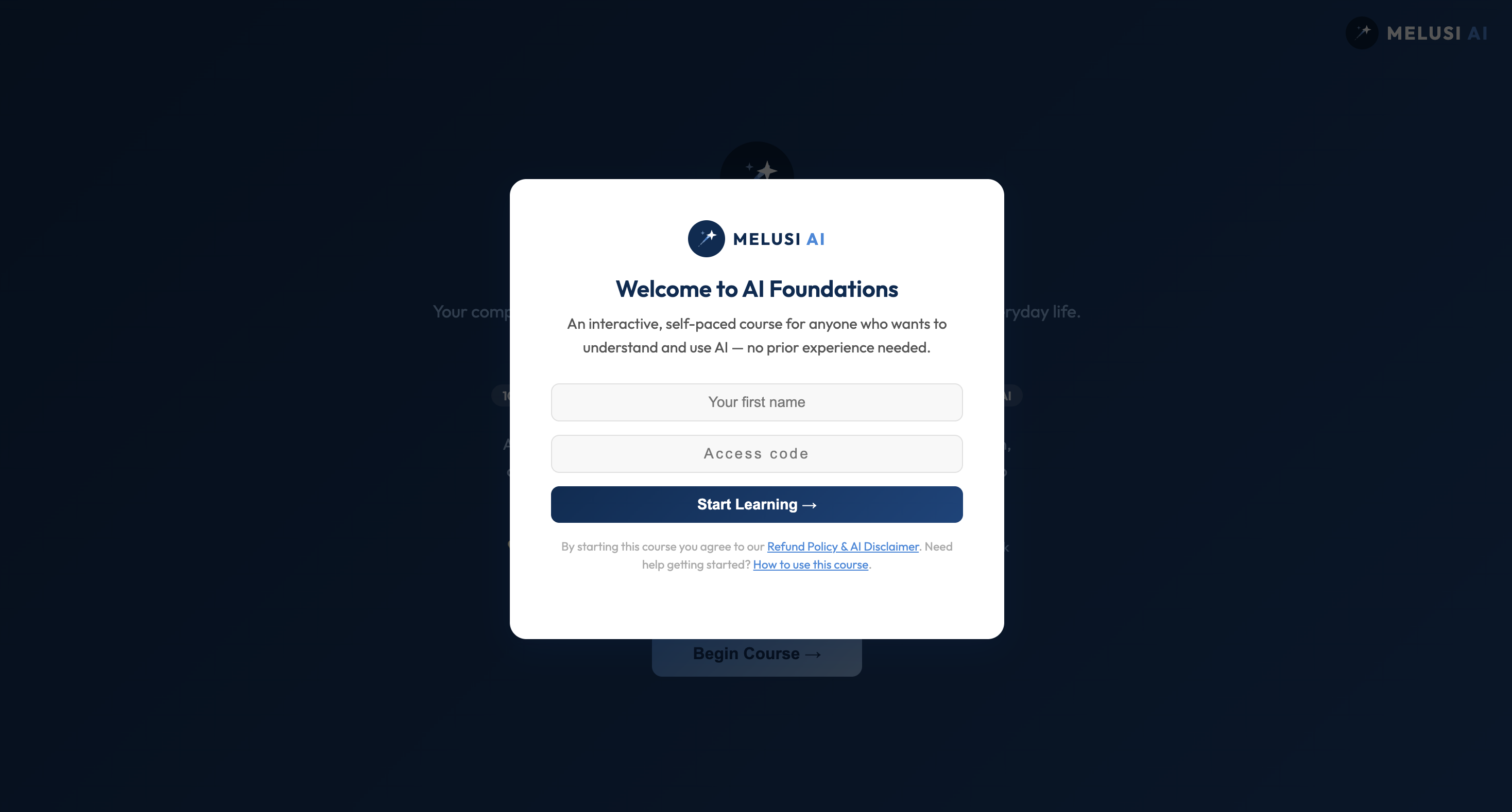 Welcome screen — AI Foundations course entry screen
