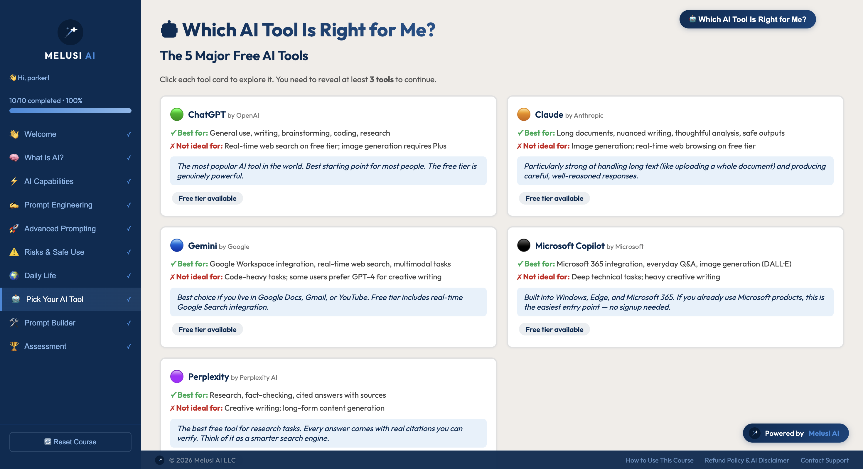 AI Tools module — comparing ChatGPT, Claude, Gemini and more